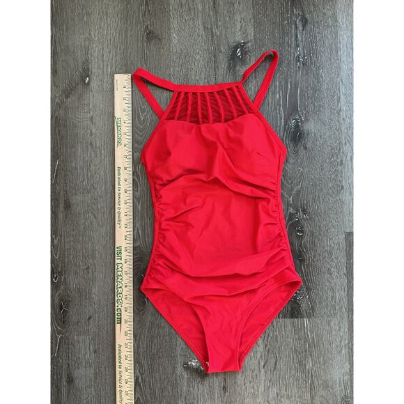 One Piece Ruched Side Halter‎ Neck Mesh Detail Red Bathing Swim Suit Womens XS - Picture 2 of 9